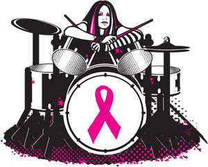 Logo with drummer April Summers leaning on her drum kit with the pink breast cancer ribbon on the front of the drum.