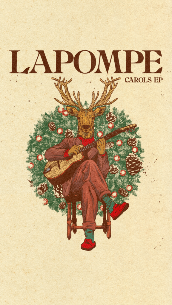 Illustrated man with a reindeer head, playing a guitar, sitting in front of a Christmas wreath