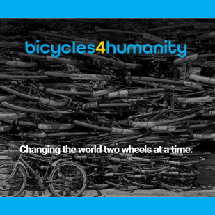 Stacks of bicycles with the bicycles4humanity logo and text